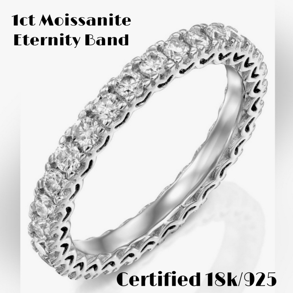 1 ct GENUINE Moissanite W Certificate Eternity Band Ring 18kgp Sterling Silver